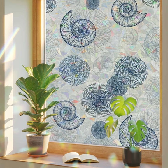 Summer Ocean Window Privacy Film, Retro Blue Seashells Conch Coral Linen Texture Stained Glass Rainbow Film Decorative Window Clings, Static Cling Sun Blocking Stickers 29.5" x 118"