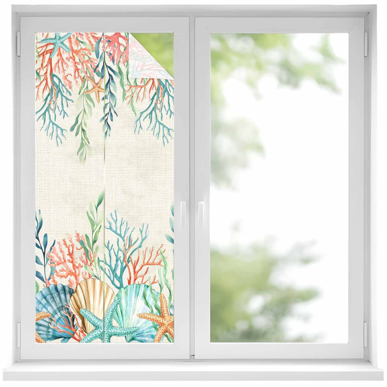 Summer Ocean Window Privacy Film, Watercolor Coastal Coral Shell Seaweed Beige Static Cling UV Sun Blocking Heat Control Window Tint Day and Night, Non-Adhesive One Way Privacy Cover 17.7''x39.3''