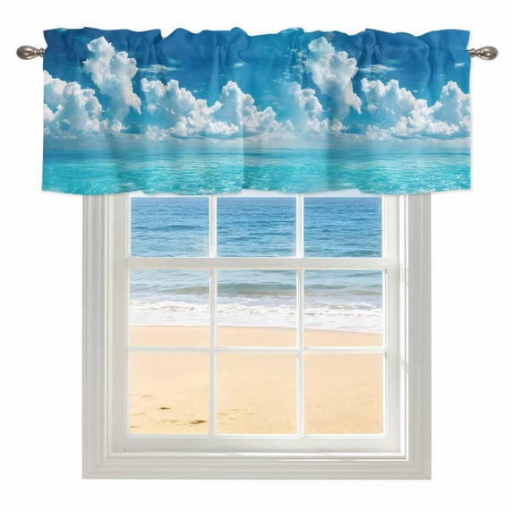 Summer Ocean Window Valance for Kitchen, Seascape Blue Coastal Wave Green Tropical Pain Trees Rod Pocket Short Curtain for Small Windows, Light Filtering Decorative Valance, 54 x 18 Inch