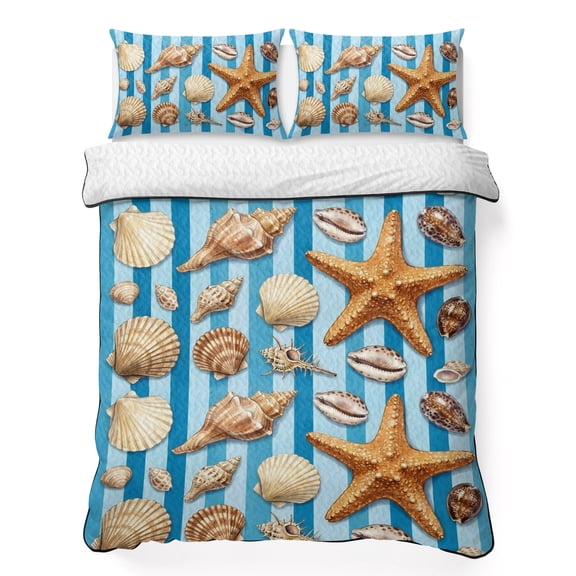 Summer Oceans 3 Piece Quilt Bedding Set with 2 Pillow Shams, Orange Sea Starfish Conch Shells Stripes Blue Lightweight Bedspread Coverlet, Soft Breathable All Season Quilt, 68 x 98 Inch