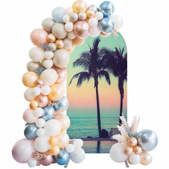 Summer Oceans Arch Backdrop Cover 4 FT Tropical Beaches Tree Dusk Coastal Landscape Stretchy Elastic Arch Stand Covers Spandex Arched Background Birthday Wedding Party Decoration (No Stand)
