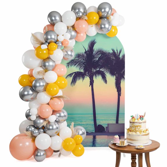 Summer Oceans Arch Backdrop Cover 4FT Tropical Beaches Tree Dusk Coastal Landscape Spandex Fitted Arch Covers Stretchy Backdrop Decoration for Wedding Birthday Graduation Party