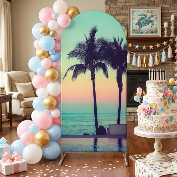 Summer Oceans Arch Backdrop Covers 4 FT, Tropical Beaches Tree Dusk Coastal Landscape Stretchy Fitted Arched Stand Covers Party Arch Stand Cover Photo Booth for Wedding Birthday Decor