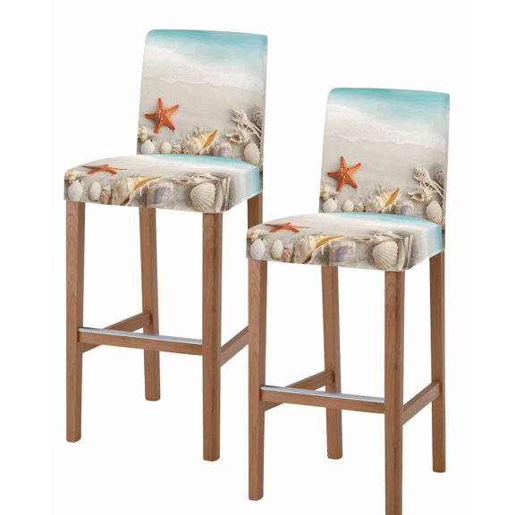 Summer Oceans Beaches Bar Stool Covers Set of 2, Sea Waves Starfish Shells Coastal Stretch Washable Bar Chair Covers with Backs, Removable Pub Counter Height Chair Cover for Kitchen Dining Room Cafe