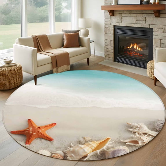 Summer Oceans Beaches Round Area Rug 7Ft Washable Circle Rugs for Dorm Laundry Room, Sea Waves Starfish Shells Coastal Non-Slip Carpet Floor Mats Indoor Outdoor Carpet Runner Aesthetic Home Decor