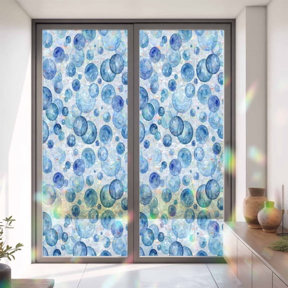 Summer Oceans Blue Bubbles Window Privacy Film,Decorative Windows Static Cling Abstract Geometric Circle Heat Control Removable Glass Sticker for Home Bathroom Bedroom Window Door,35x79in