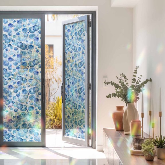 Summer Oceans Blue Bubbles Window Privacy Film, Rainbow Film Decorative Window Sticker 23.6x78.7in, Abstract Geometric Circle Sun Blocking Static Stained Glass Cling Tint Non-Adhesive