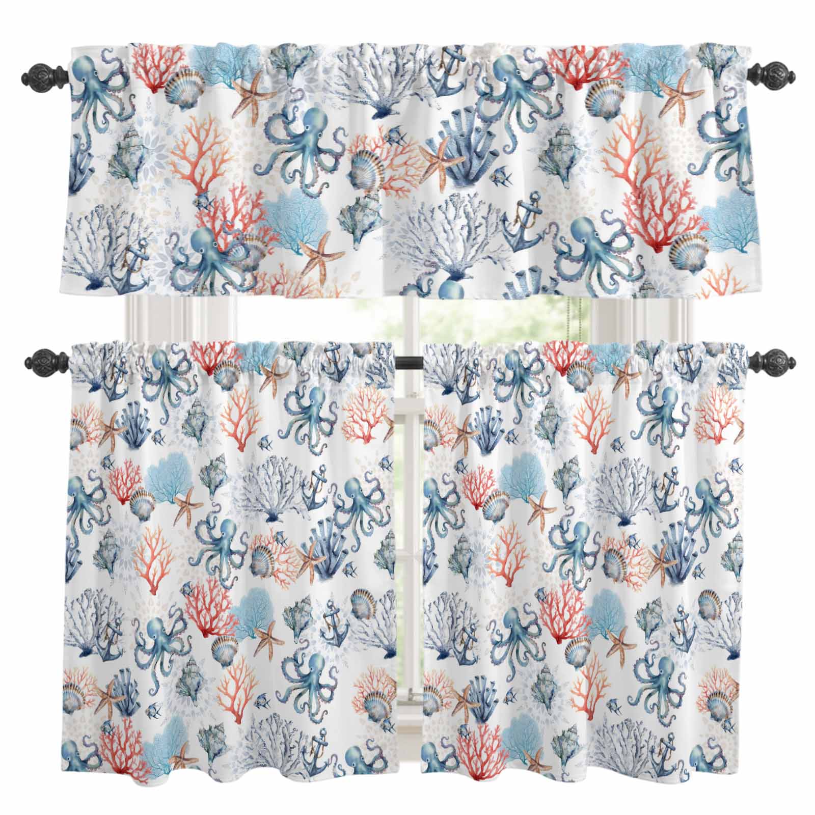 Summer Oceans Curtain Valances Set Orange Blue Octopus Corals Shells ...
