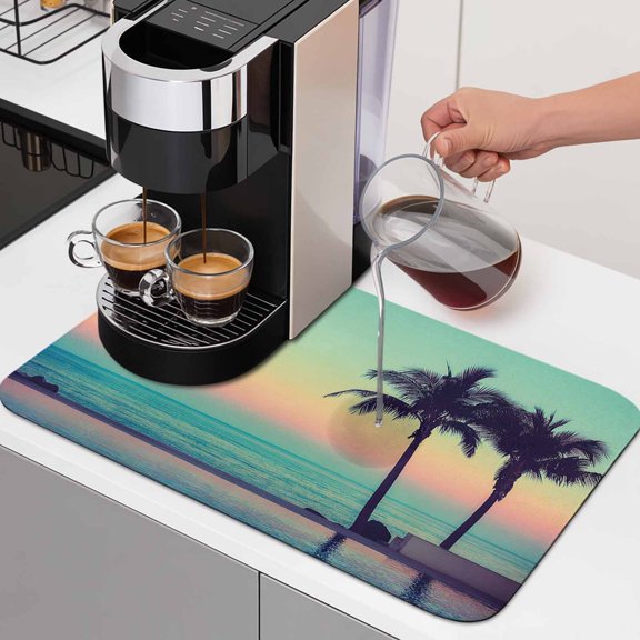 Summer Oceans Dish Drying Mats for Kitchen Counter, Tropical Beaches Tree Dusk Coastal Landscape Absorbent Coffee Bar Mat with Non-slip Rubber Backed Quick Drying Dish Rack Pad 12"x16"