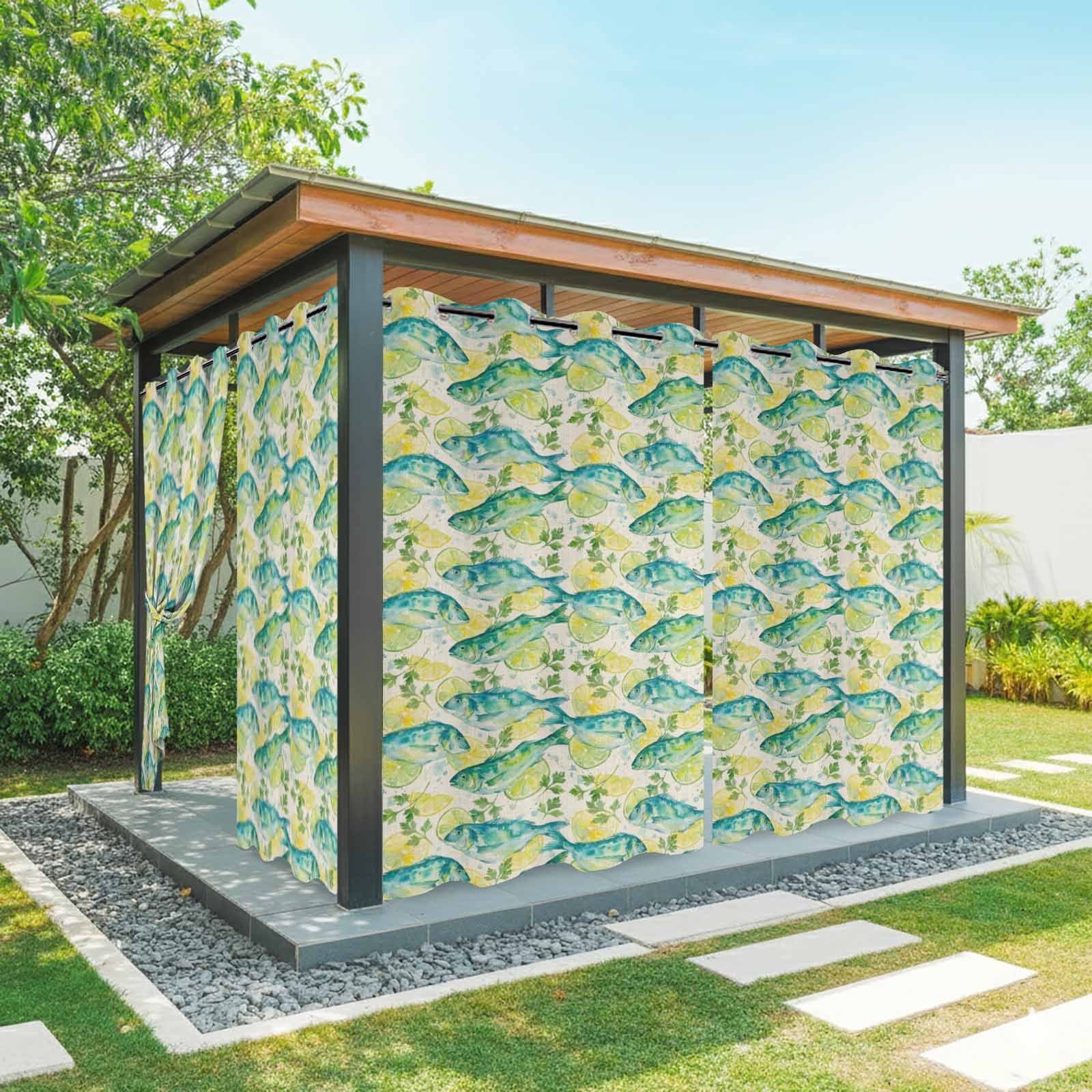 Summer Oceans Fish Outdoor Curtains for Patio, Country Sea Watercolor Yellow Lemon Leaf Linen Sunshade Privacy Drapes Grommet Waterproof Outside Curtains for Porch/Cabana/Balcony 54"x 108", 1 Panel