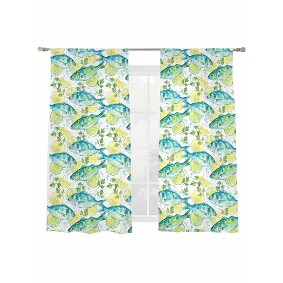 Summer Oceans Fish Sheer Curtains 72 Inch Long 2 Panels, Country Sea Watercolor Yellow Lemon Leaf Light Filtering Rod Pocket Curtains, Sheer Voile Drapes for Living Room Bedroom, 52"x72"