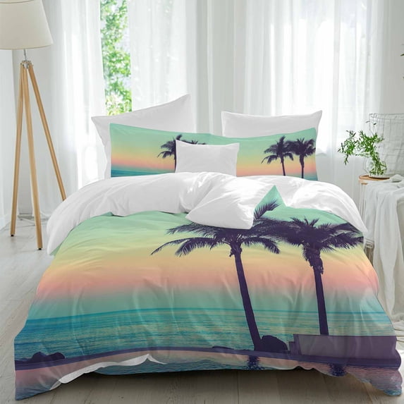Summer Oceans Queen Size Comforter Set, Tropical Beaches Tree Dusk Coastal Landscape Bedding for All Seasons, 4 Pcs Bed Set, 1Quiltcover (90"x92") ,1Sheet(94"x116"), 2Pillowcases (30"x20")