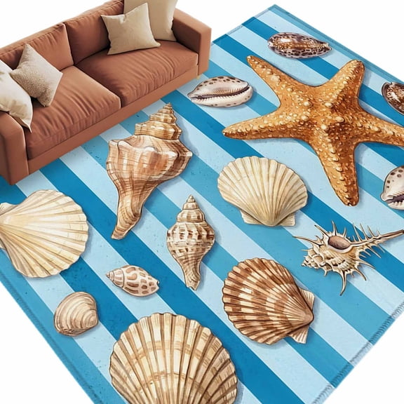 Summer Oceans Rectangle Area Rug 5x7 ft Orange Sea Starfish Conch Shells Stripes Blue Washable Rugs for Living Room, Non Slip Soft Carpet for Bedroom Entryway Dining Room