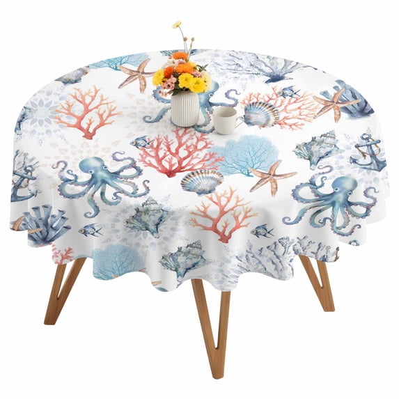 Summer Oceans Round Tablecloth 54 inches Orange Blue Octopus Corals Shells Coastal Waterproof Oil-Proof Table Cloth Round Table Cover for Holiday Party Picnic Dinner Decor Indoor and Outdoor Use