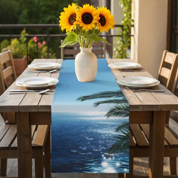 Summer Oceans Sky Table Runner 36 Inches Long,Kitchen Dining Tablerunners Tropical Plants Palm Trees Linen Table Runners Dresser Scarves for Home Dinner Wedding Holiday Party Decor
