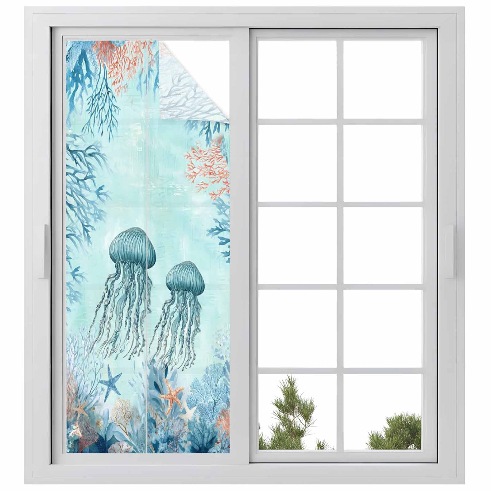 Summer Oceans Window Privacy Film, Teal Blue Jellyfish Corals Starfish Marine Life Frosted Glass Window Clings Static Cling UV Heat Blocking Reusable Door Sticker for Bathroom 23.6 x 59 Inch