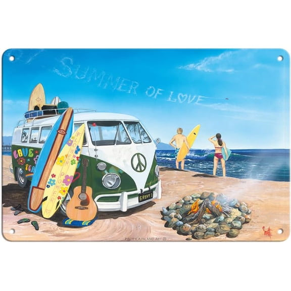 Summer Of Love Classic VW Van Surfboard Vintage Metal Tin Sign, 8 x 12 Inch Wall Decor