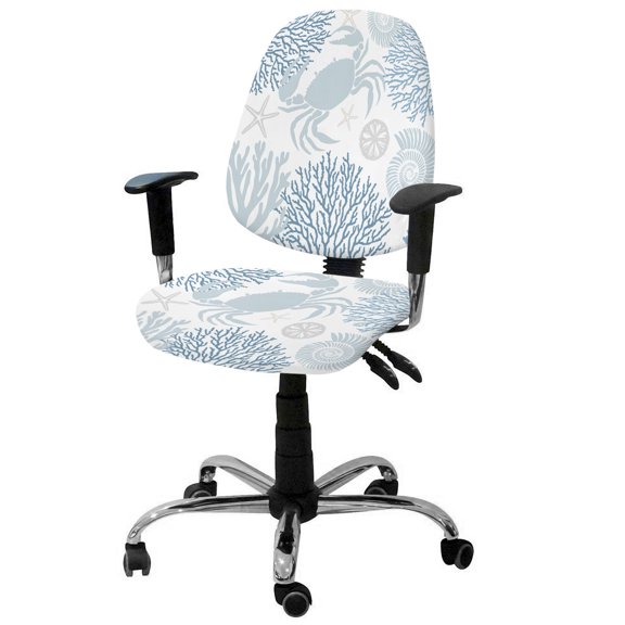 Summer Office Chair Covers Stretchable Blue Grey Crab Coral Seashell Nautical Coastal Ocean Split Computer Desk Chair Cover Universal Spandex Chair Seat Covers Rotating Boss Arm Chair Slipcovers