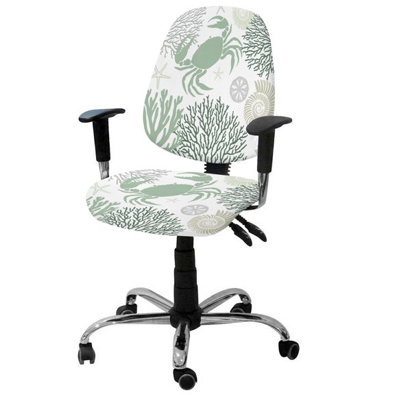 Summer Office Chair Covers Stretchable Sage Green Crab Coral Seashell Nautical Coastal Ocean Split Computer Desk Chair Cover Universal Spandex Chair Seat Covers Rotating Boss Arm Chair Slipcovers