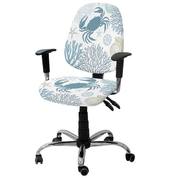 Summer Office Chair Covers Stretchable Teal Green Crab Coral Seashell Nautical Coastal Ocean Split Computer Desk Chair Cover Universal Spandex Chair Seat Covers Rotating Boss Arm Chair Slipcovers