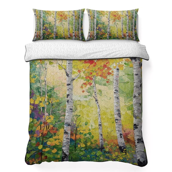 Summer Oil Painting Birch 3 Piece Quilt Bedding Set with 2 Pillow Shams, Country Green Tree Plant Lightweight Bedspread Coverlet, Soft Breathable All Season Quilt, 96 x 106 Inch