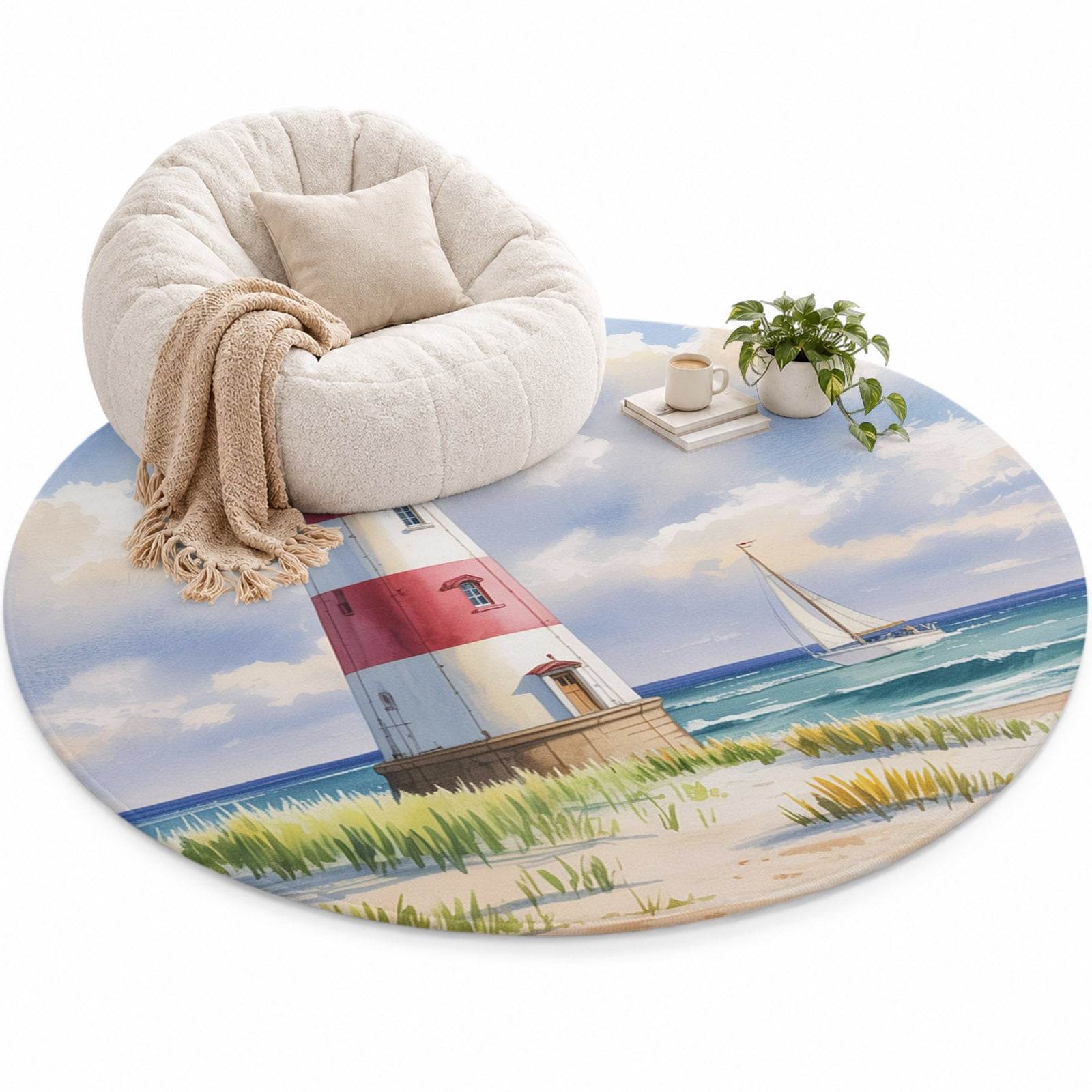 Summer Oil Painting Texture Area Rug 6', Watercolor Ocean Lighthouse ...