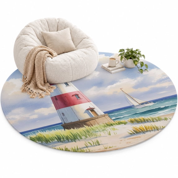 Summer Oil Painting Texture Area Rug 6', Watercolor Ocean Lighthouse ...