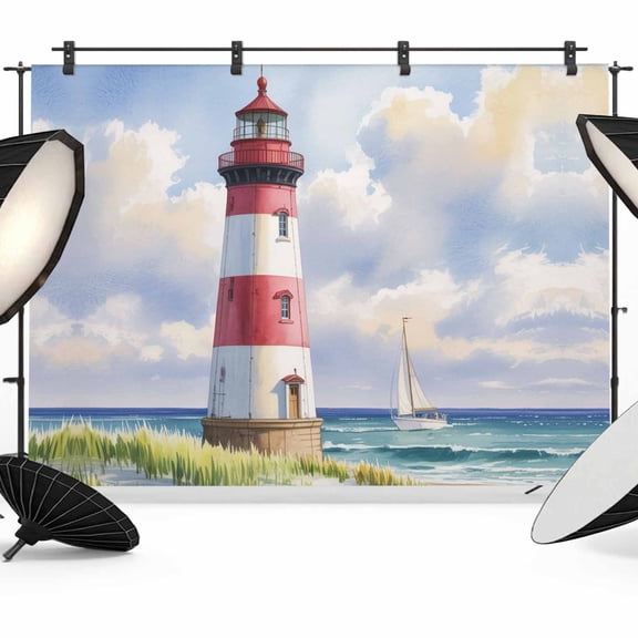 Summer Oil Painting Texture Photography Backdrop 8x6FT, Watercolor Ocean Lighthouse Photo Backdrops, Background for Photography Studio Photo Studio Background, Back Drop for Photoshoot