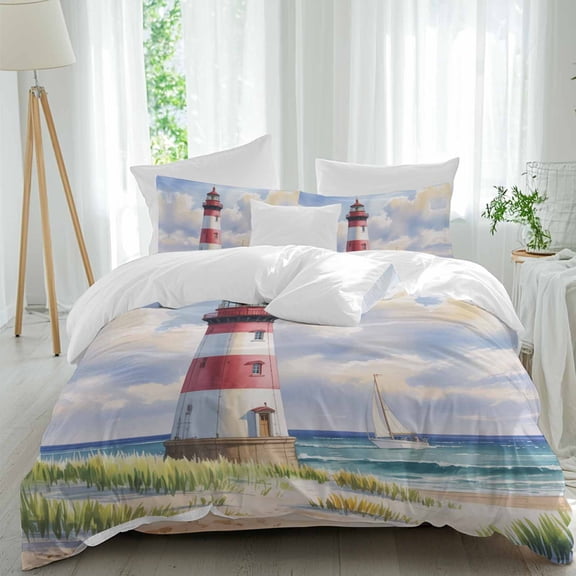 Summer Oil Painting Texture Queen Size Comforter Set, Watercolor Ocean Lighthouse Bedding for All Seasons, 4 Pcs Bed Set, 1Quiltcover (90"x92") ,1Sheet(94"x116"), 2Pillowcases (30"x20")
