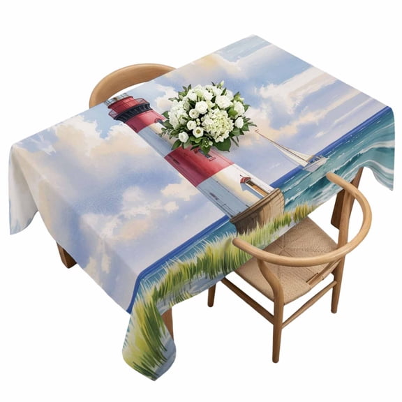 Summer Oil Painting Texture Rectangle Tablecloth Watercolor Ocean Lighthouse Waterproof Wrinkle Free Soft Table Cloth Spill-Proof Washable Table Cover for Dining Party Picnic 60 x 120 Inch