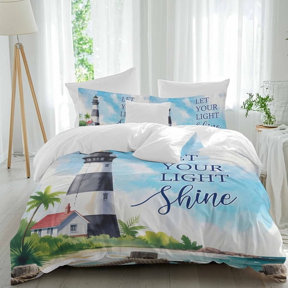 Summer Oil Painting Texture Twin Size Comforter Set, Watercolor Marine Lighthouse Bedding for All Seasons, 4 Pcs Bed Set, 1 Quiltcover (68"x86") ,1Sheet(67"x116"), 2Pillowcases (30"x20")