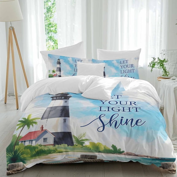 Summer Oil Painting Texture Twin Size Comforter Set, Watercolor Marine Lighthouse Bedding for All Seasons, 4 Pcs Bed Set, 1 Quiltcover (68"x86") ,1Sheet(67"x116"), 2Pillowcases (30"x20")