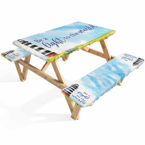 Summer Oil Painting Theme Picnic Table Cover with Bench Covers Watercolor Ocean Lighthouse Waterproof Fitted Picnic Tablecloth 3 Pieces Set Table Cloth for Outdoor Camping Garden BBQ