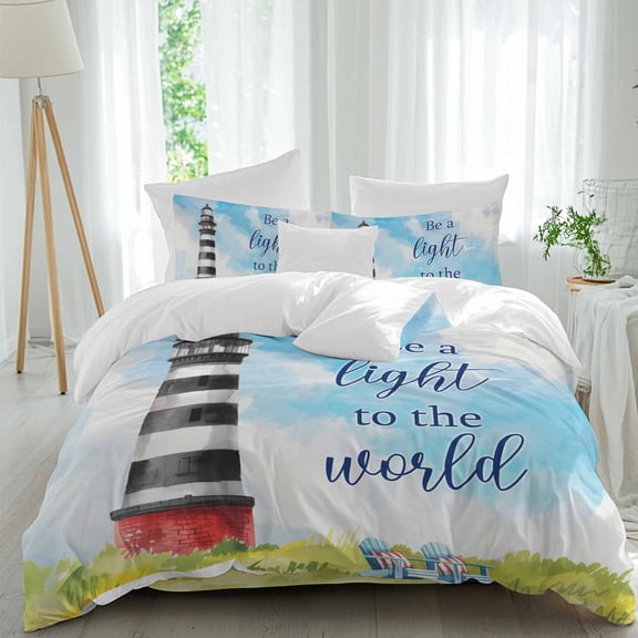Summer Oil Painting Theme Queen Size Comforter Set, Watercolor Ocean Lighthouse Bedding for All Seasons, 4 Pcs Bed Set, 1Quiltcover (90"x92") ,1Sheet(94"x116"), 2Pillowcases (30"x20")