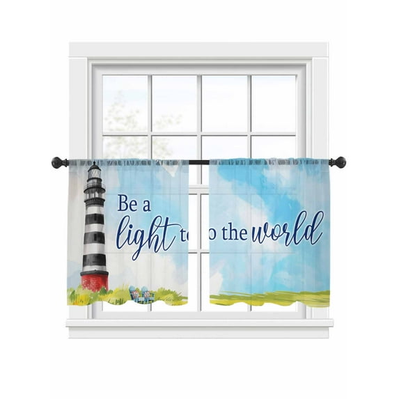 Summer Oil Painting Theme Sheer Curtains 45 Inch Long 2 Panels, Watercolor Ocean Lighthouse Light Filtering Rod Pocket Semi Sheer Curtains, Sheer Voile Drapes for Living Room Bedroom, 52"x45"