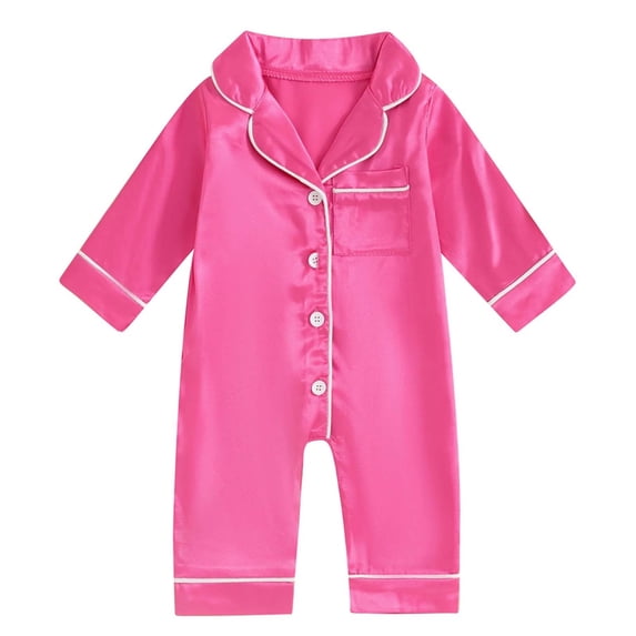 Summer One Piece Pajamas For Toddler Lapel Long Sleeve Button Down Romper Lightweight Comfy Jumpsuit (1 Month, Hot Pink)
