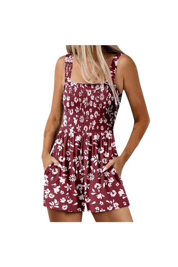 Summer One Piece Rompers for Women Sleeveless Boho Shorts Romper Womens Retro Floral Smocked Casual Jumpsuit, Pink, S