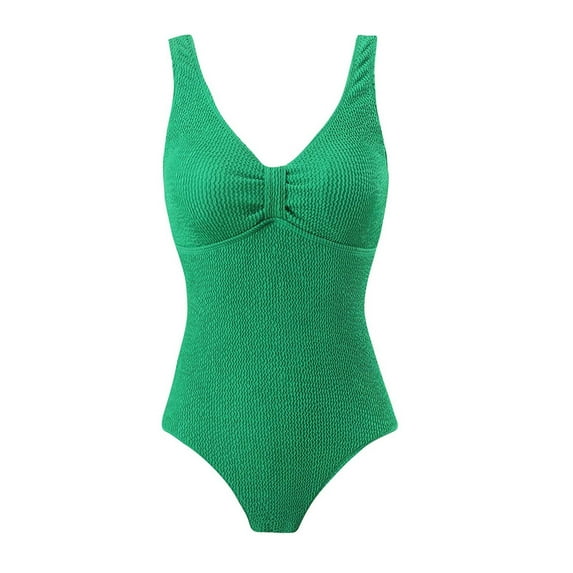 Summer One Piece Swimsuit For Women Tummy Control Solid Color Fold Overlapping Camisole Tight Fitting Swimsuits For All Green∣S-2XL