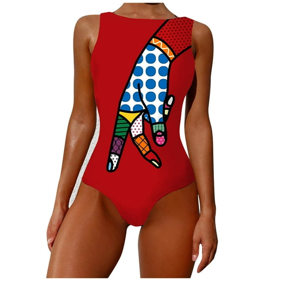 Summer One Piece Swimsuit Womens Y2K Bathing Suit Graffiti Abstract Print Swimwear High Neck Tankini Swimsuits