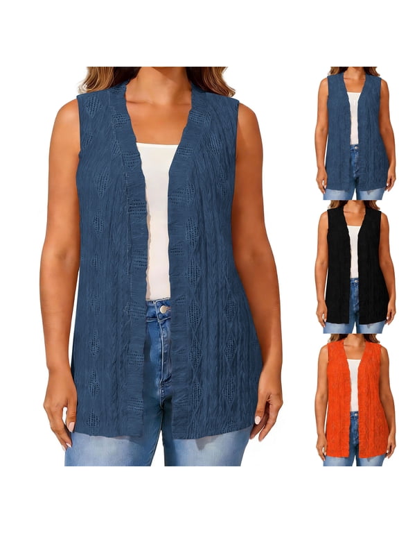 Open Knit Vest for Women Plus Size, Sleeveless Textured Crochet Cardigan with V-Neck for Breathable Layering