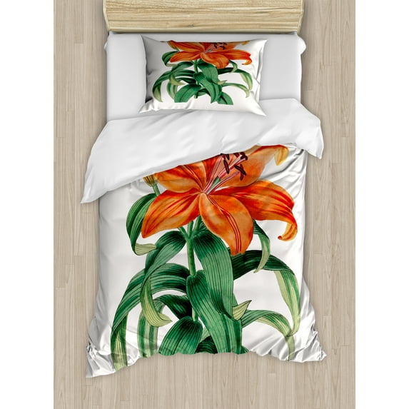 Summer Orange Duvet Cover Set, Tropical Thunberg's Lily Lilium Maculatum Vintage Design, Decorative 2 Piece Bedding Set with 1 Pillow Shams, Twin Size, Coconut Burnt Orange, by Ambesonne