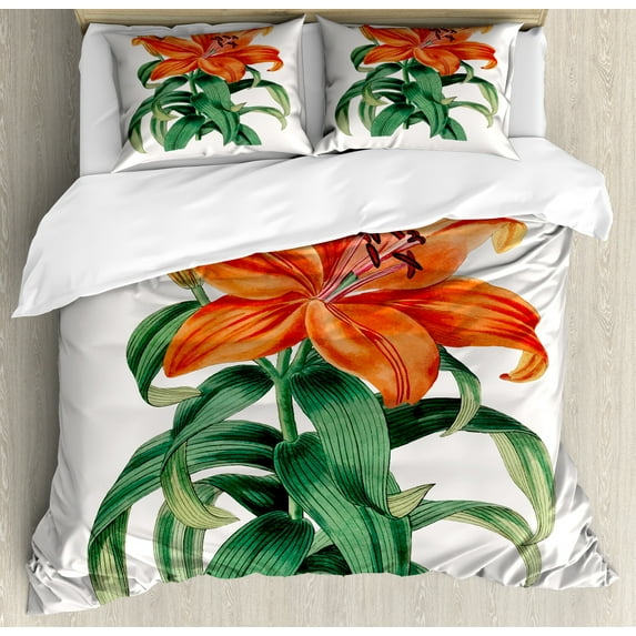 Summer Orange Duvet Cover Set, Tropical Thunberg's Lily Lilium Maculatum Vintage Design, Decorative 3 Piece Bedding Set with 2 Pillow Shams, Queen Size, Coconut Burnt Orange, by Ambesonne