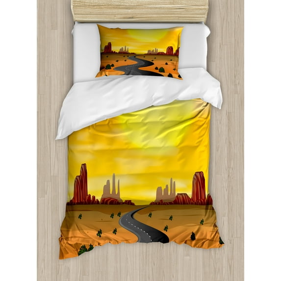 Summer Orange Duvet Cover Set, Wild West Scene with Butta Desert Cacti Sun Road Misty Morning Print, Decorative 2 Piece Bedding Set with 1 Pillow Shams, Twin Size, Orange Multicolor, by Ambesonne