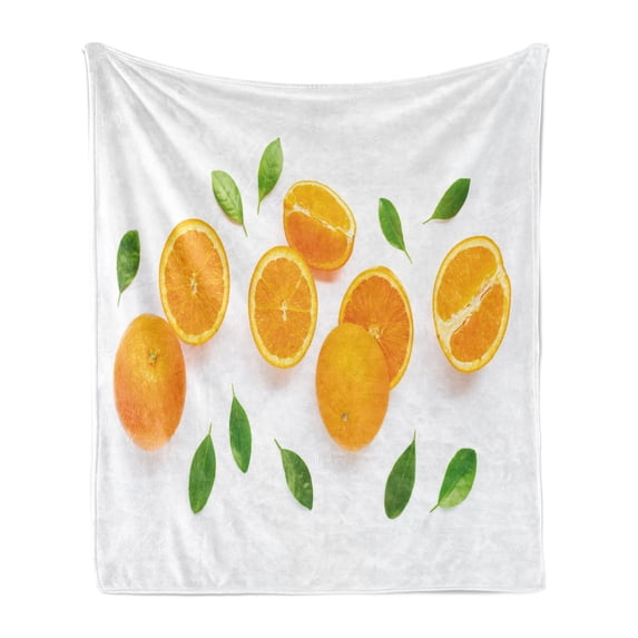 Summer Orange Soft Flannel Fleece Blanket, Hand Picked Fresh Fruits Ripe Ready to Eat Sliced Juicy Pattern, Cozy Plush for Indoor and Outdoor Use, 70" x 90", White Green and Orange, by Ambesonne