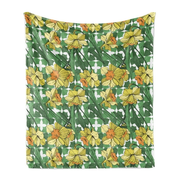 Summer Orange Soft Flannel Fleece Throw Blanket, Rhythmic Narcissus Flowers on Abstract Motifs Background, Cozy Plush for Indoor and Outdoor Use, 50" x 60", Reseda Green Pale Orange, by Ambesonne
