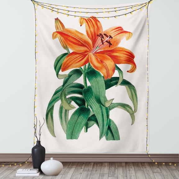 Summer Orange Tapestry, Tropical Thunberg's Lily Lilium Maculatum Vintage Design, Wall Hanging for Bedroom Living Room Dorm Decor, 60W X 80L Inches, Coconut Burnt Orange Emerald, by Ambesonne