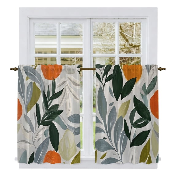Summer Orange Tier Curtains 54 Inch Length, Botanical Watercolor Fruits Leaf Plant Cafe Short Curtains for Bathroom Over Sink, Small Kitchen Curtain Light Filtering Tiered Drapes 2 Panels 27.5"Wx54"L