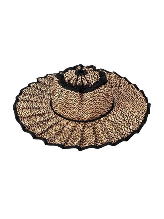 Women's Straw Reversible Pleated Sun Hat, Foldable Wide Brim Foldable Casual Outdoor Beach Sun Hat for Summer, Outdoor Casual Travel Pleated Cap (H)