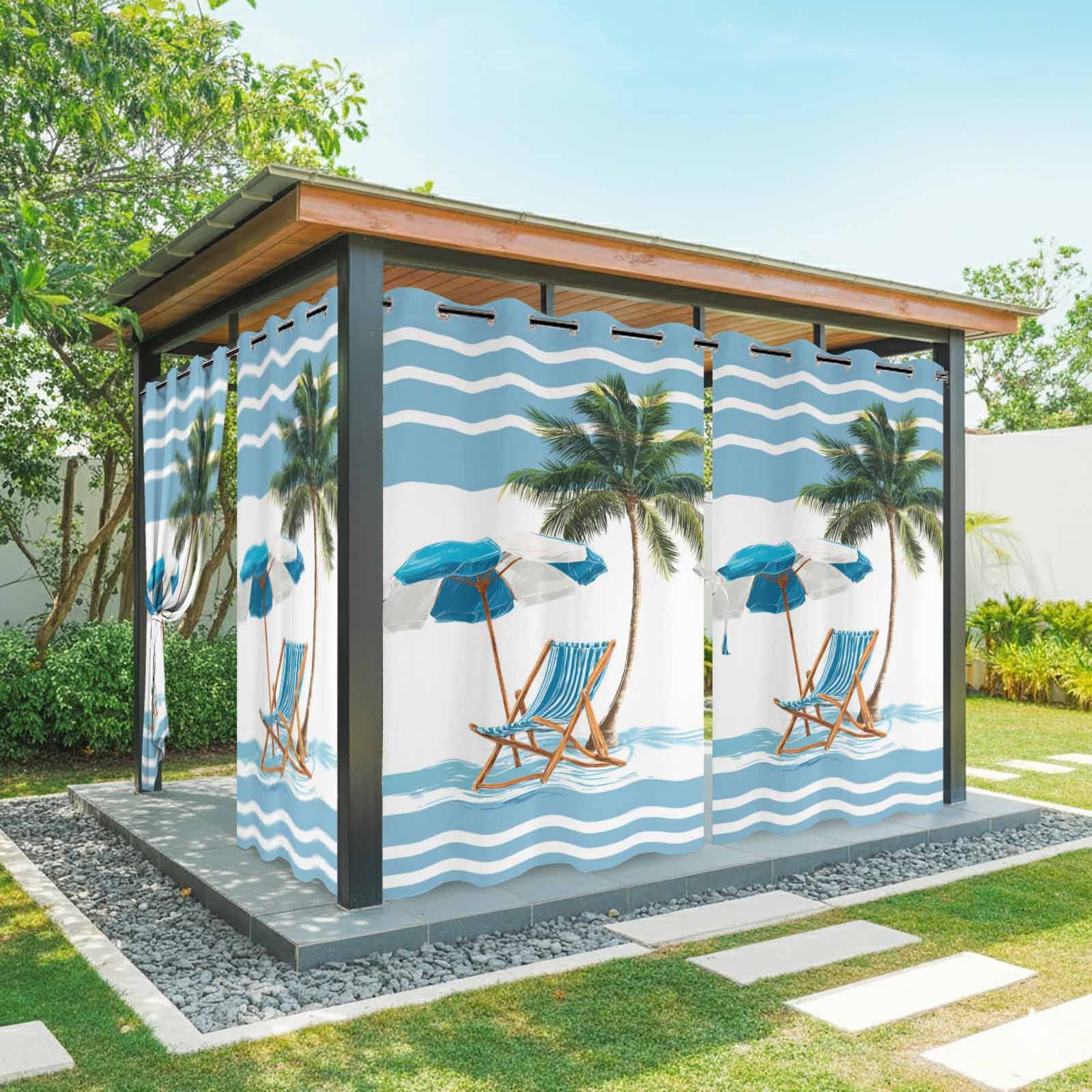 Summer Outdoor Curtains for Patio, Beach Scene Sun Umbrella Palm Trees Blue Stripes Modern Sunshade Privacy Drapes Grommet Waterproof Outside Curtains for Porch/Cabana/Balcony 54"x 108", 1 Panel