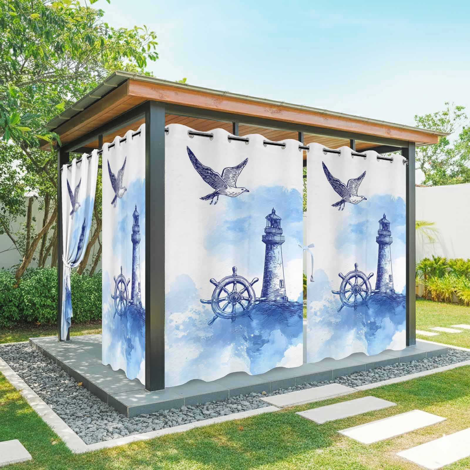 Summer Outdoor Curtains for Patio, Watercolor Seagull Blue Line Ship Rudder Lighthouse Sea Wave Sunshade Privacy Drapes Grommet Waterproof Outside Curtains for Porch/Cabana/Balcony 54"x 108", 1 Panel